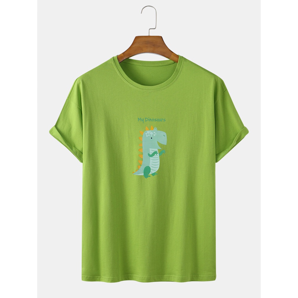 Cotton Cartoon Dinosaur Cute Print Loose Round Neck Short Sleeve T-Shirts - Black S