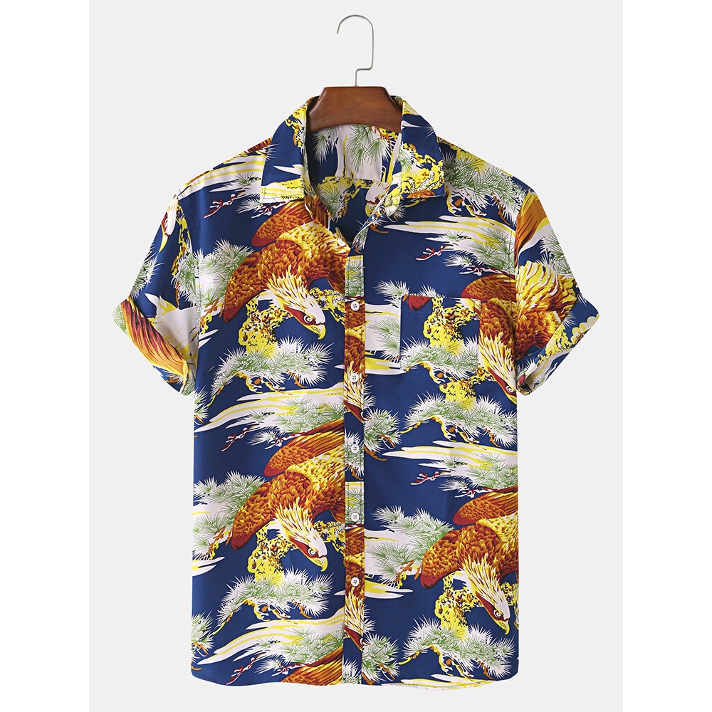 Mens Cartoon Eagle Bird Print Chest Pocket Short Sleeve Casual Shirts - Dark Blue XL