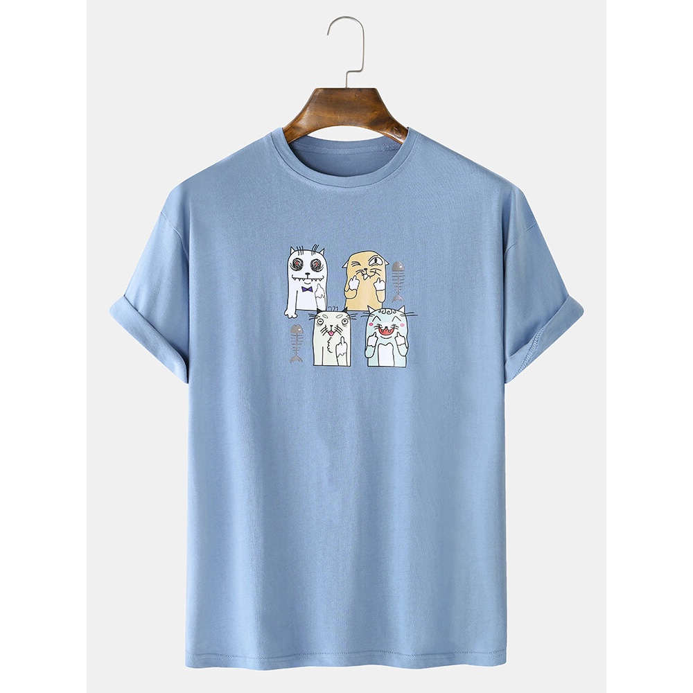 Mens Cartoon Cat Print Cotton Short Sleeve Casual T-Shirts - White M