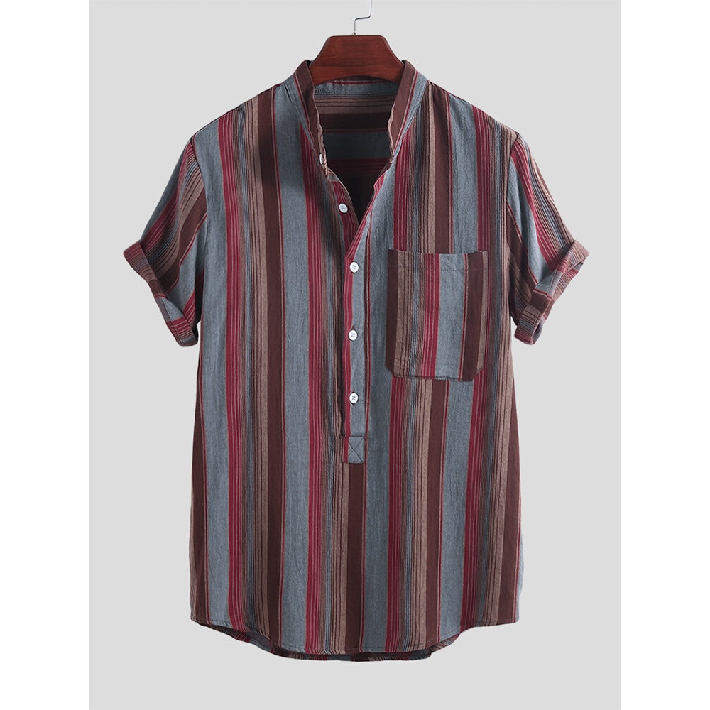 Mens 100% Cotton Practical Pocket Stripe Short Sleeve Loose Casual Shirts - 2XL Red