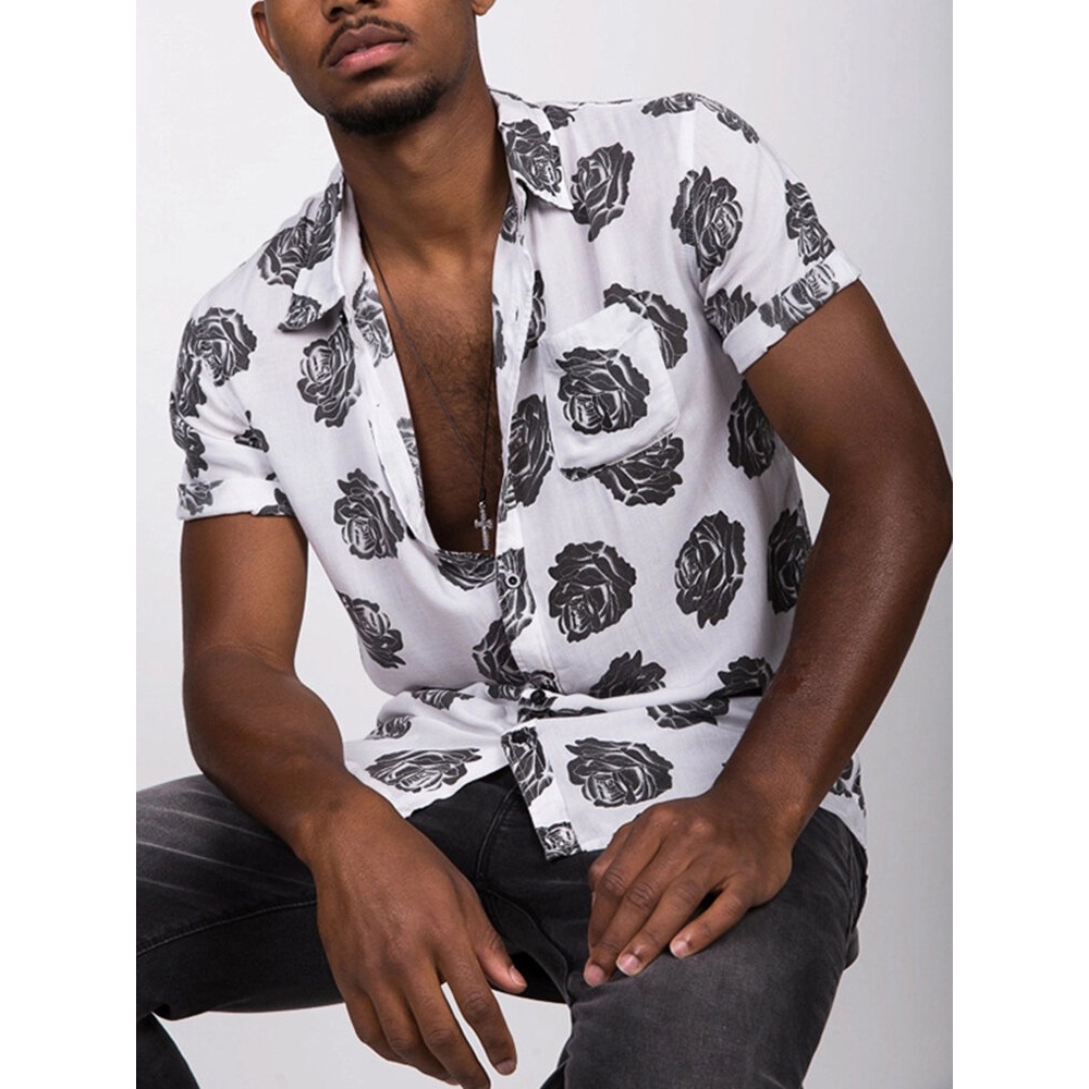 Men Black Rose Printed Short Sleeve Breathable Shirts - XL White