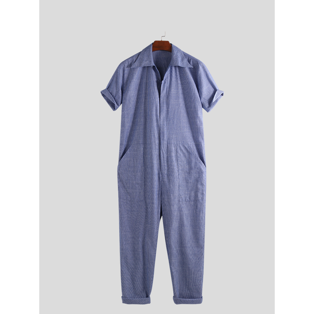 Mens Short Sleeve Romper Loose Zipper Up Jumpsuit Street Cargo Pants Overalls US - 4XL Blue