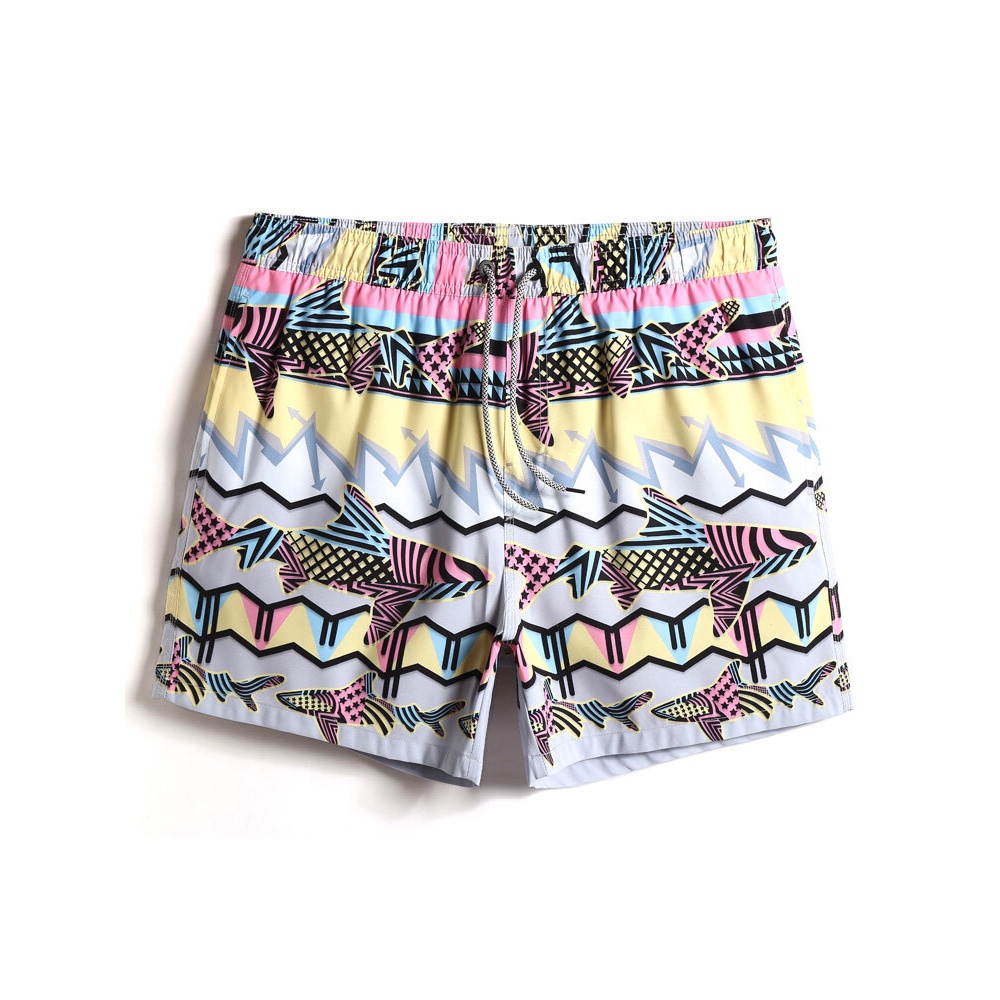 Mens Colorful Fish Print Quick-Drying Drawstring Waist Beach Shorts - Colorful S