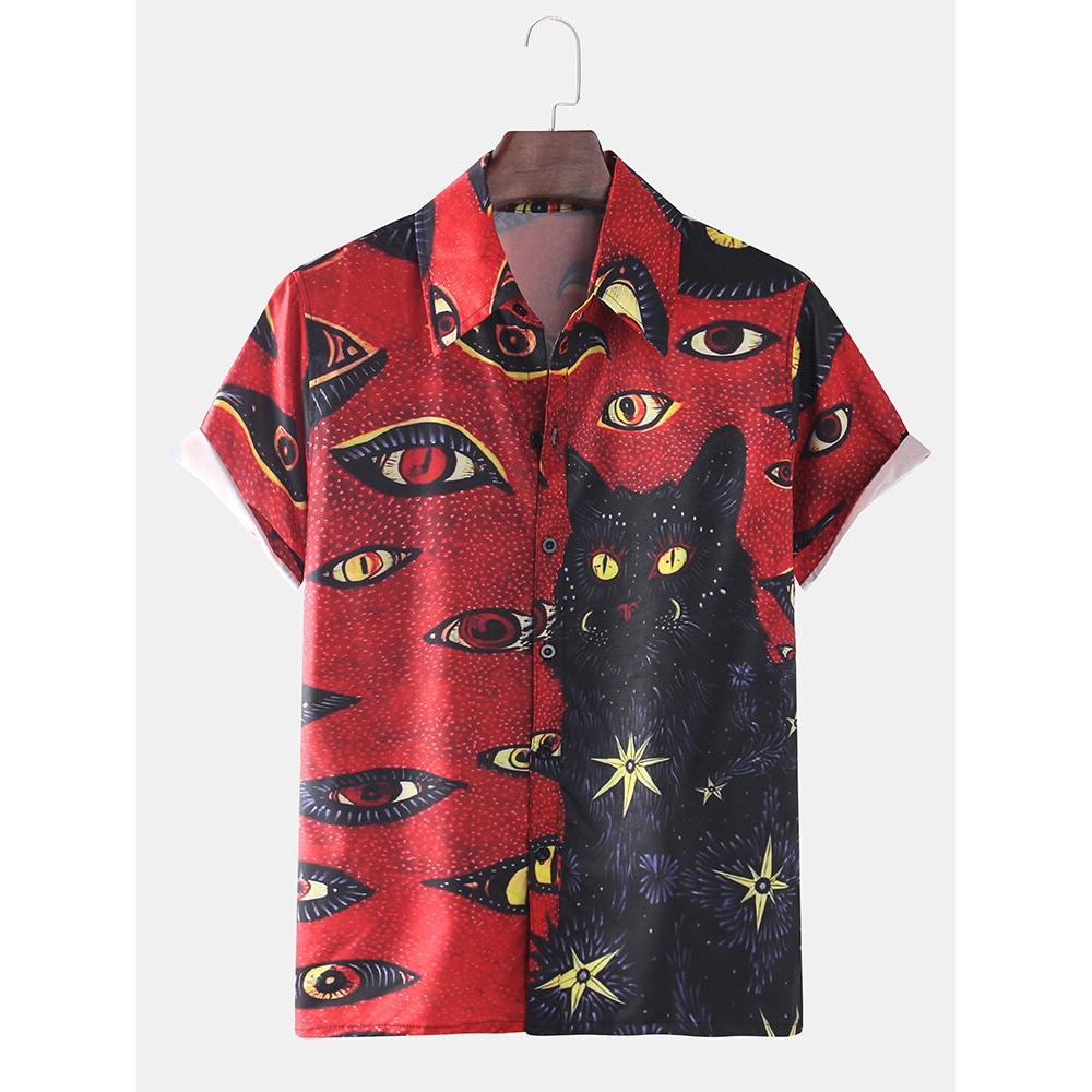 Mens Funny Cat Cartoon Printing Breathable Short Sleeve Casual Shirts - Red M