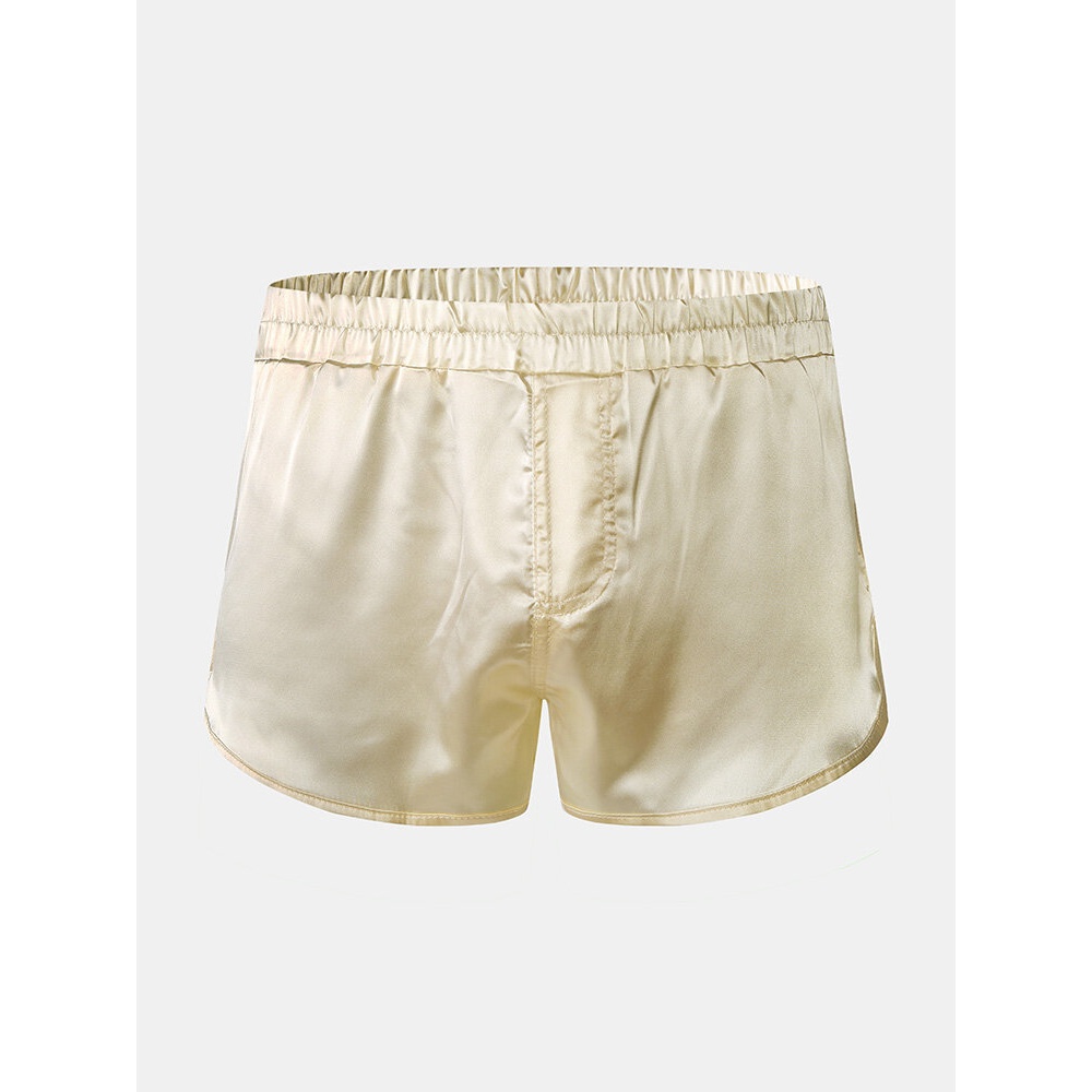 Mens Solid Color Soft Silk Breathable Loose Lightweight Home Elastic Mid Waist Boxers - Black S