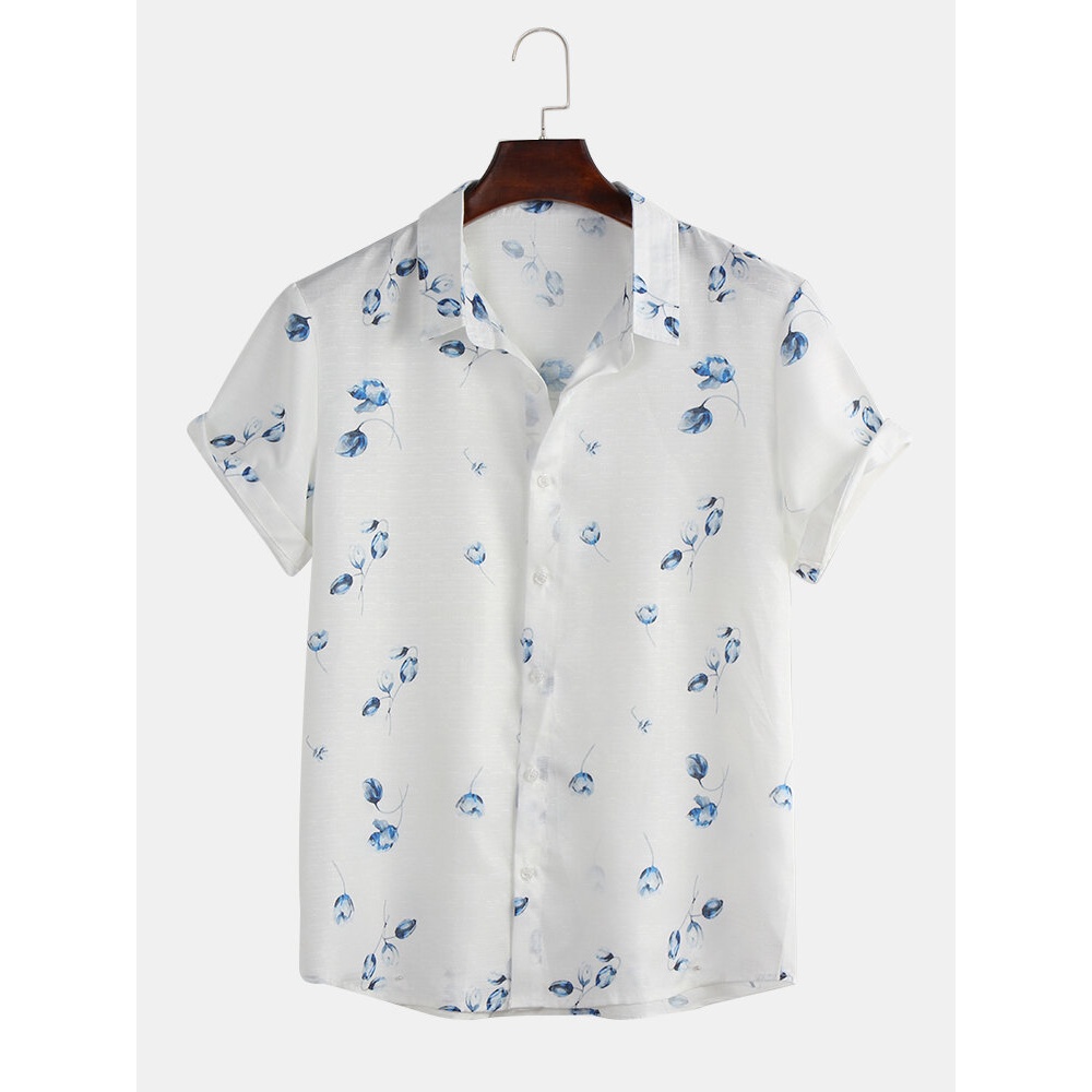 Mens Floral Printing Summer Casual Loose Shirts - 2XL Black