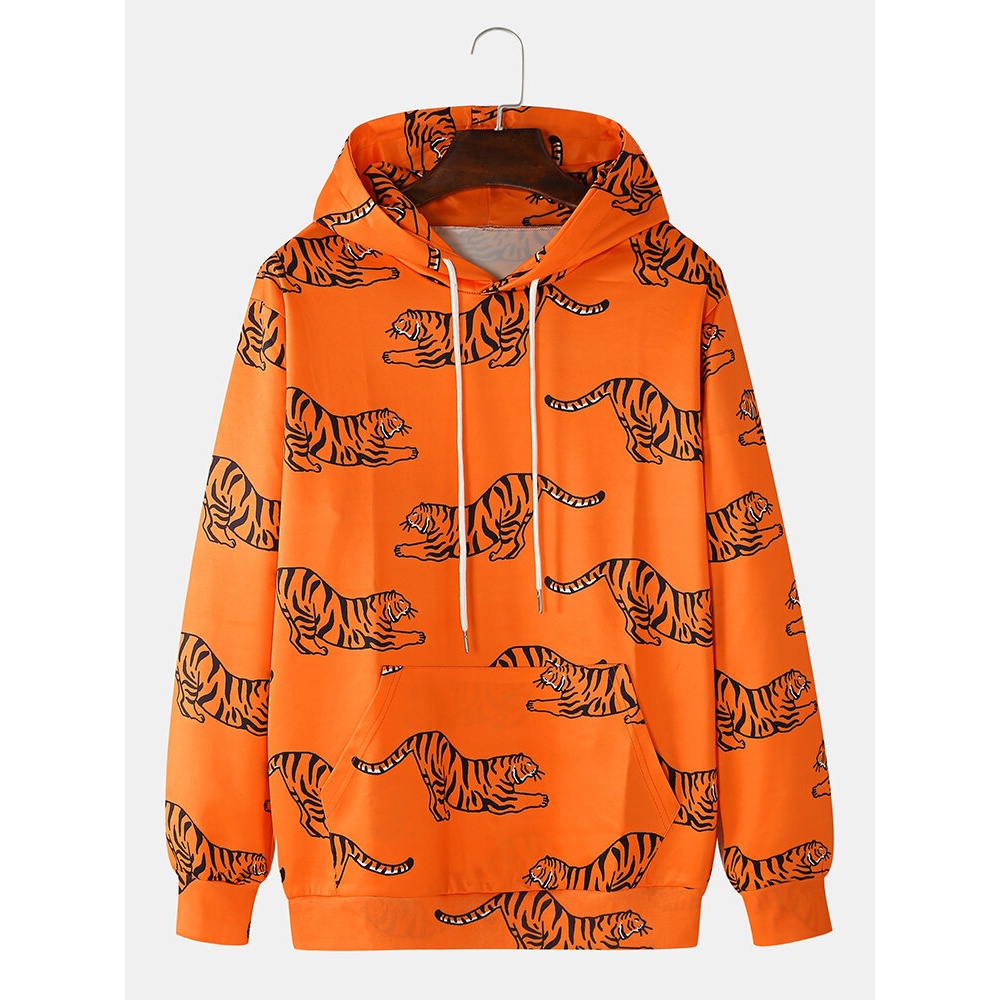 Mens Cartoon Tiger Print Long Sleeve Pocket Orange Drawstring Hoodies - M Orange