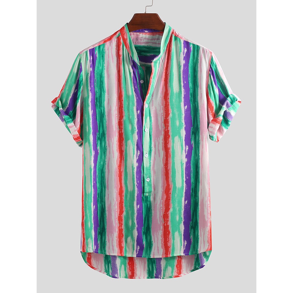 Mens Colorful Striped Loose Casual Fashion Hawaiian Shirts - M Pink