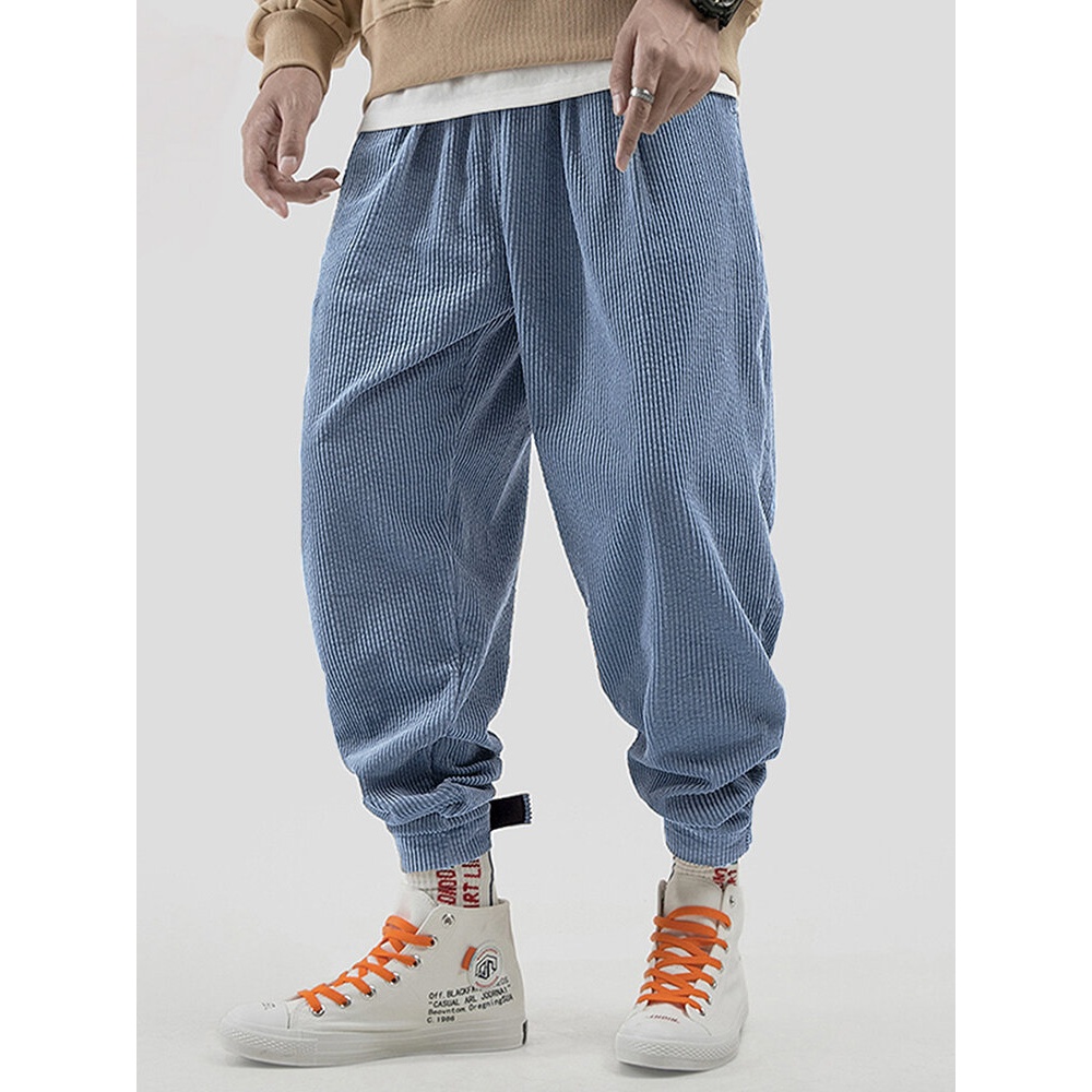 Mens Vintage Corduroy Warm Elastic Waist Thick Casual Pants - 3XL Blue