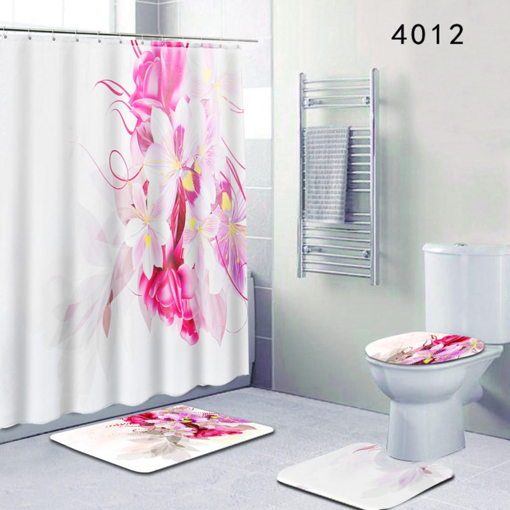 4Pcs Chirstmas Flowers Bathroom Shower Curtain Pedestal Rug Lid Cover Bath Mat - Image 2