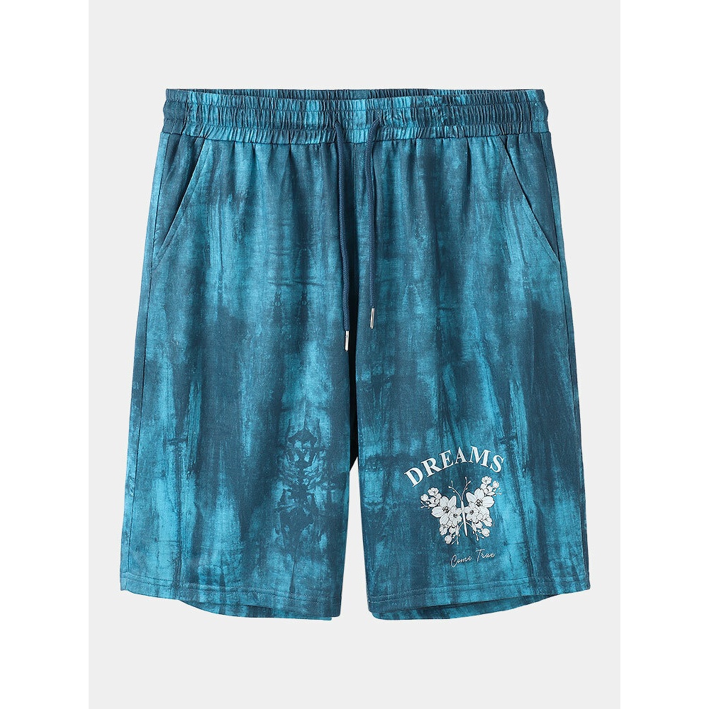 Mens Tie Dye Flower Print Elastic Waist Shorts - Blue S