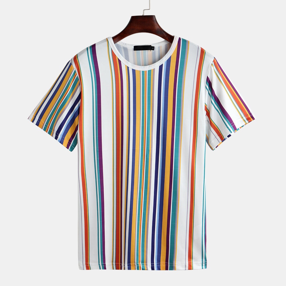 Men Vertical Stripe Short Sleeve Relaxed T-Shirts - S Red