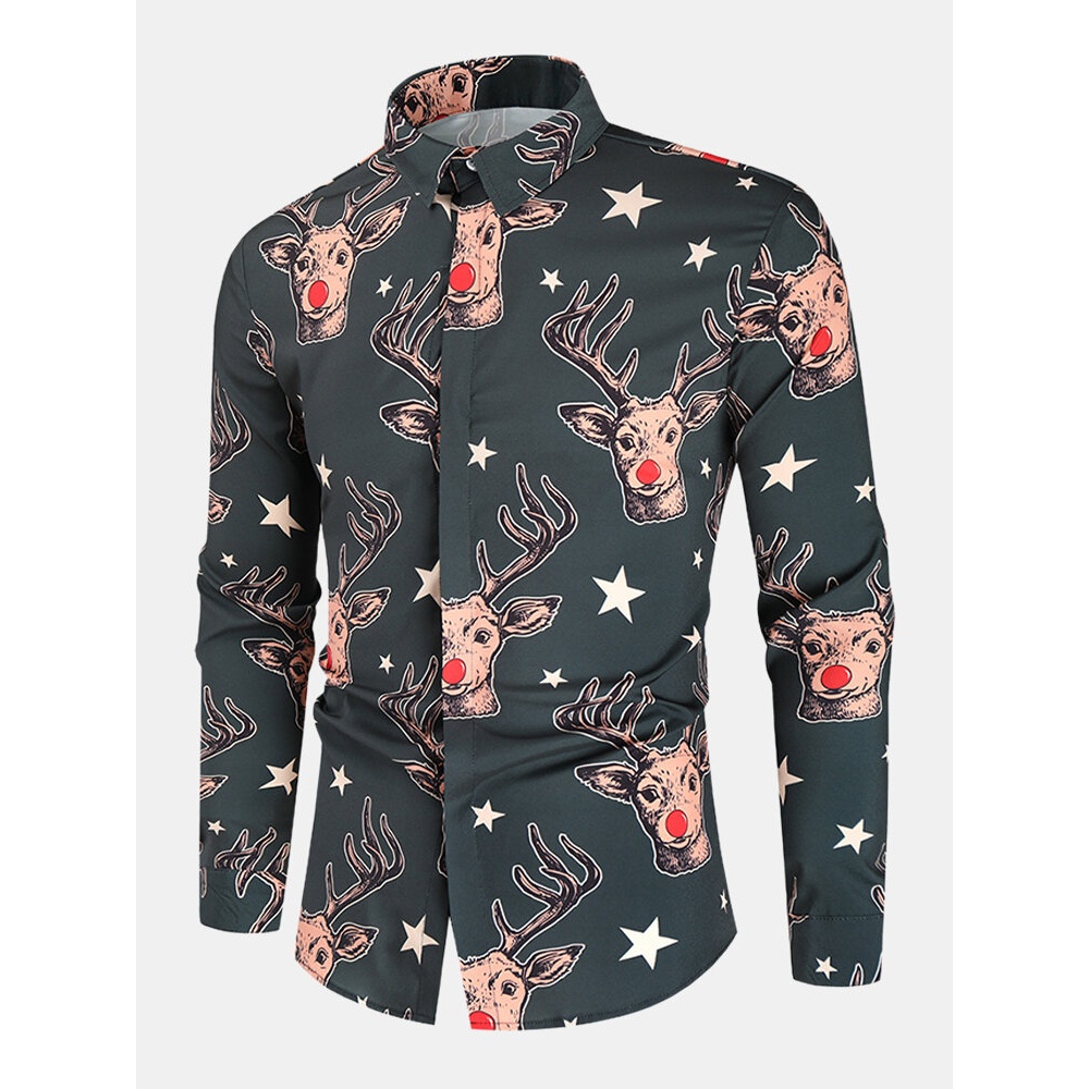 Cartoon Elk Print Long Sleeve Black Shirts For Men - Black 3XL