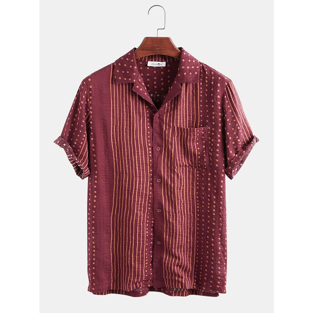 Cotton Ethnic Stripe Polka Dot Print Chest Pocket Revere Shirts - Red M
