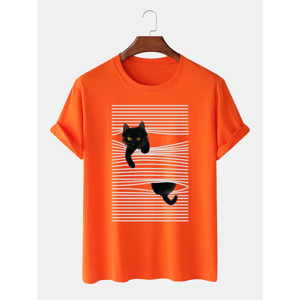 Mens Cotton Line & Cartoon Cat Print Short Sleeve Cute T-Shirts - Black L