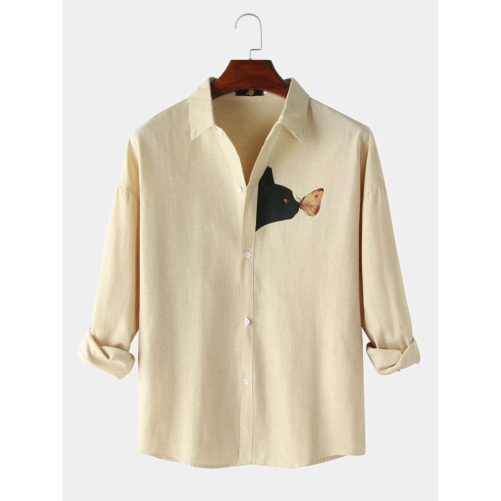 Design Cat & Butterfly Cartoon Print Long Sleeve Simple Shirts - Khaki S