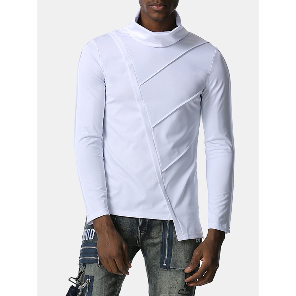 Mens Simple Solid Color High Neck Asymmetrical Hem Long Sleeve T-Shirts - Navy S