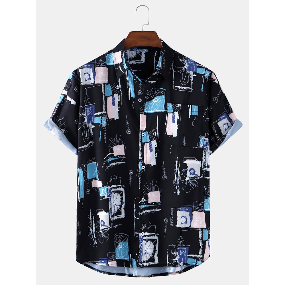 Mens Floral Print Colorblock Breathable Holiday Short Sleeve Shirts - White XL