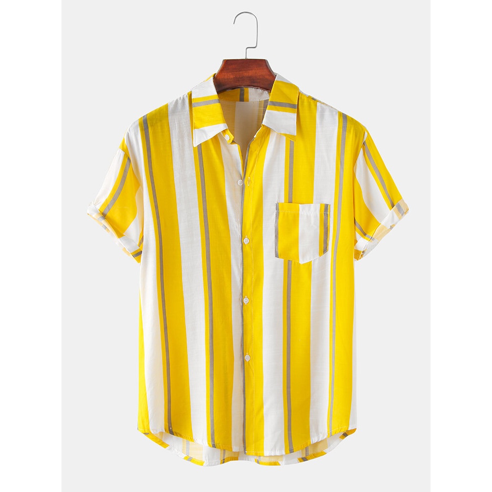 Mens Thin & Light Cotton Stripe Print Holiday Short Sleeve Shirts - Yellow 3XL