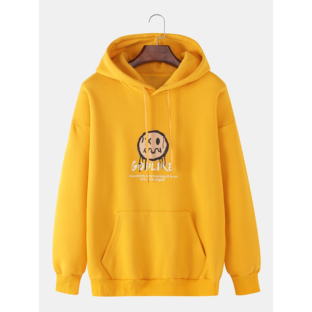 Mens Funny Emojis Letter Print Drawstring Hoodies With Kangaroo Pocket - White L