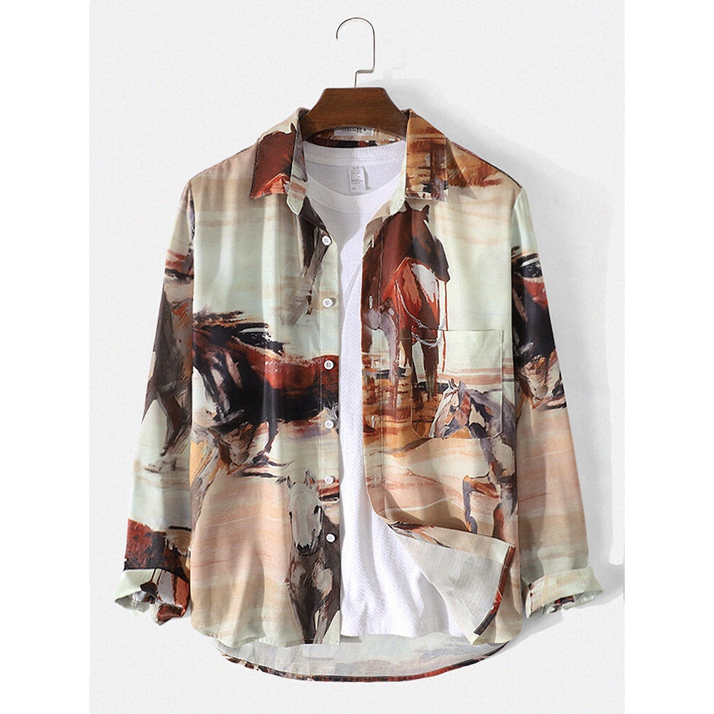 Mens Retro Painting Print Lapel Casual Long Sleeve Shirt - Apricot S