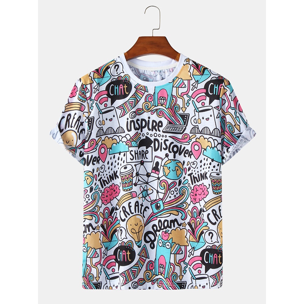 Mens Funny Crew Neck Cartoon Pattern T-Shirts - White XL