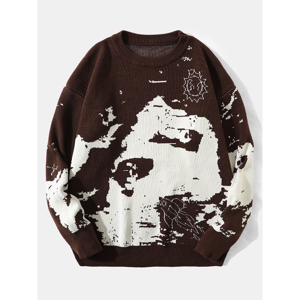 Men Contrast Landscape Loose Pullover Drop Shoulder Knitted Sweaters - Light Blue L