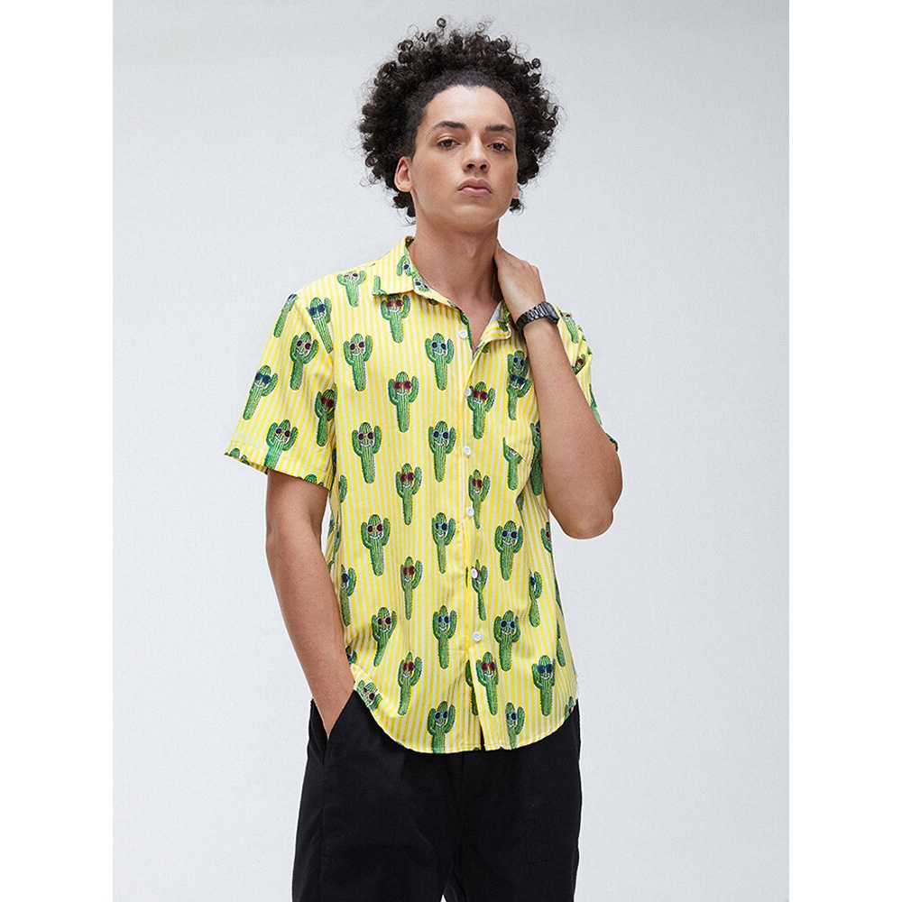 Mens New Fashion Cactus Print Turn Down Collar Short Sleeve Shirts - Yellow XL