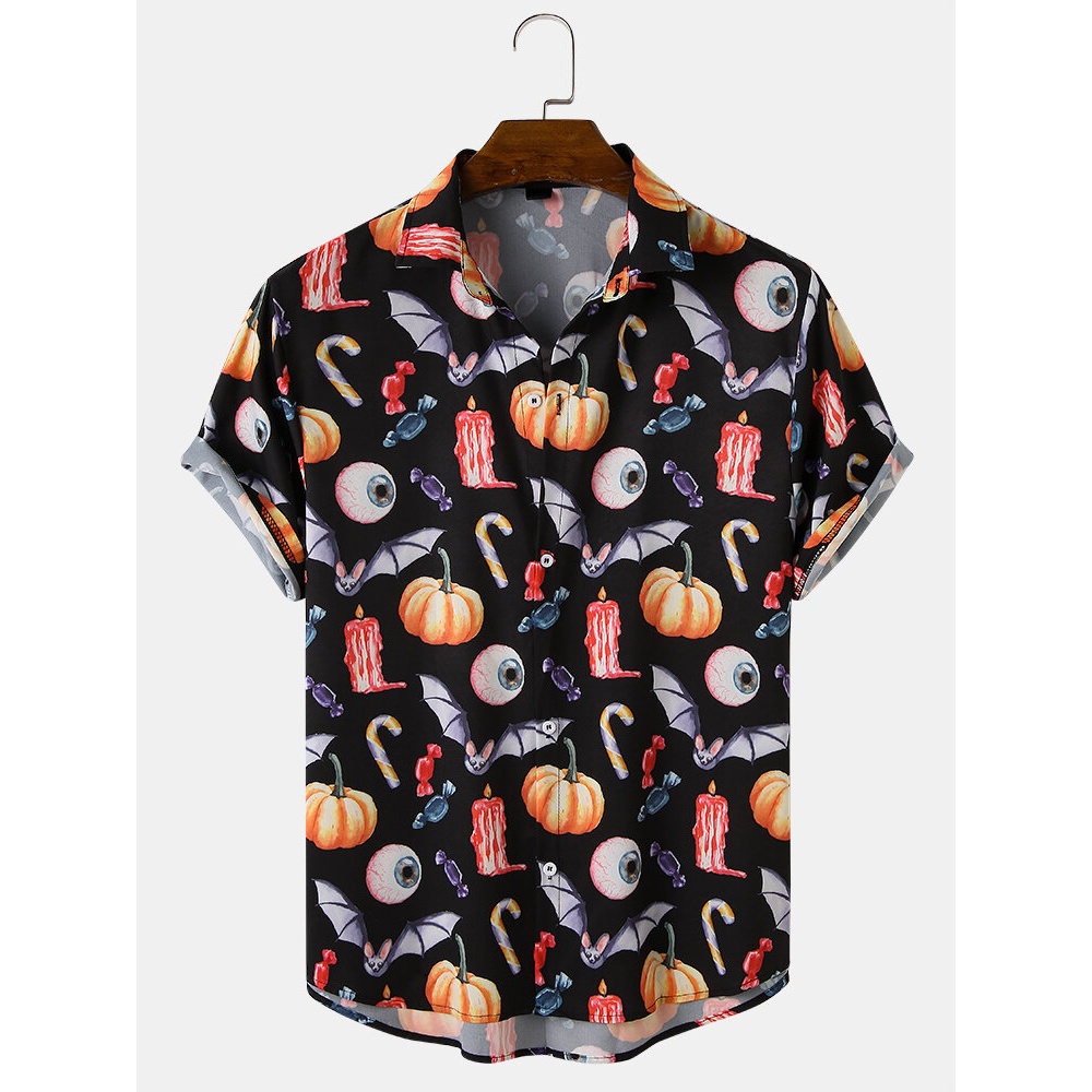 Funny All Over Pumpkin Print  Loose Fit Short Sleeve Shirts - Black S