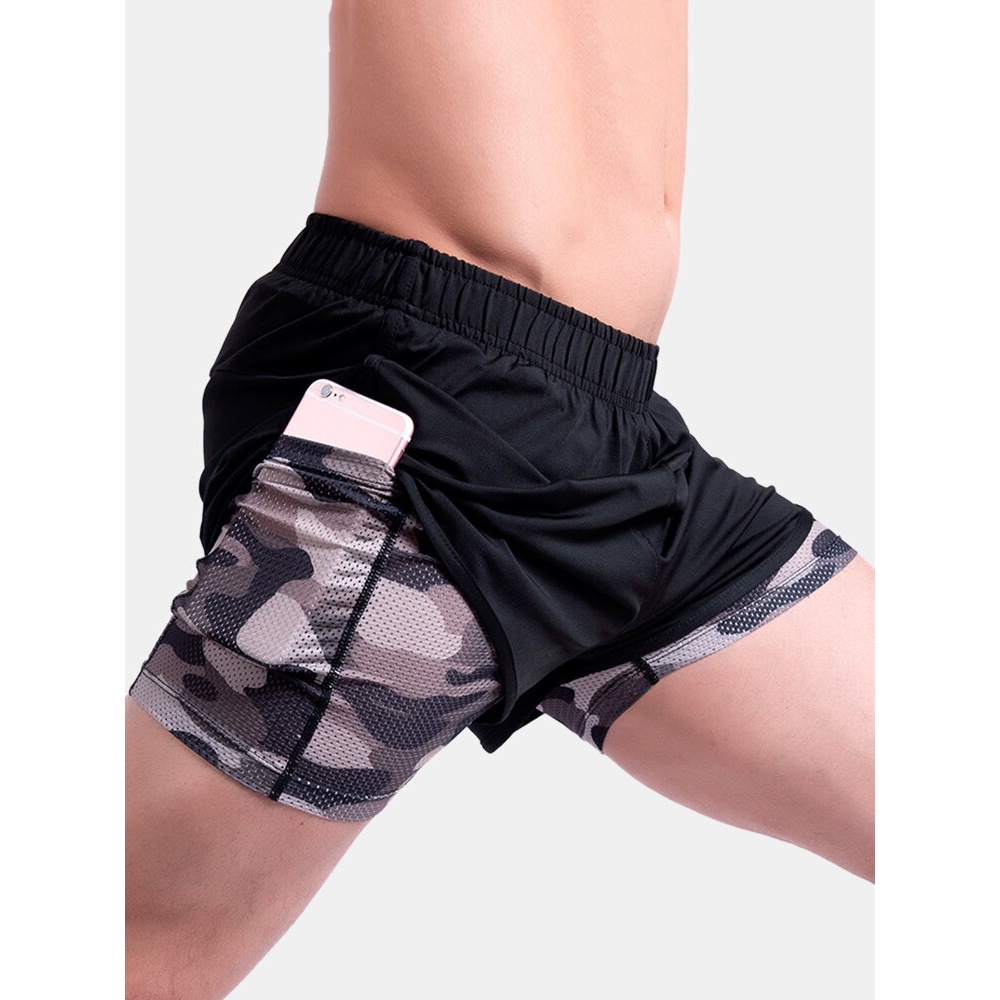 Mens Camo Patchwork Quick Dry Elastic Waist Loose Outdoor Running Sports Stretch Shorts - Black S