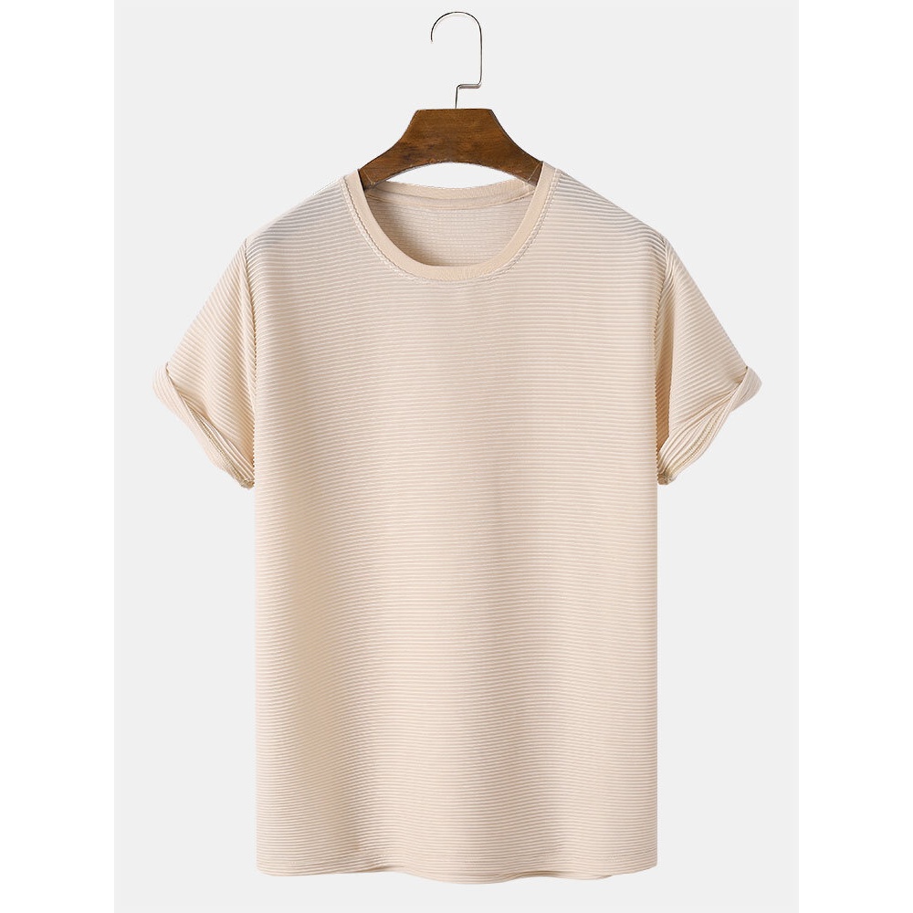 Mens Solid Color Texture Round Neck Short Sleeve Basics T-Shirts - Khaki S
