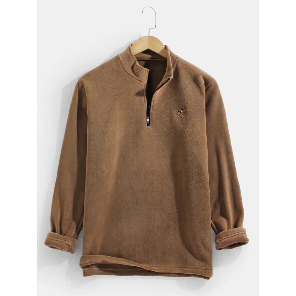 Mens Horse Riding Graphics Half Zipper Pullover Polar Fleece Sweatshirts - Grey S