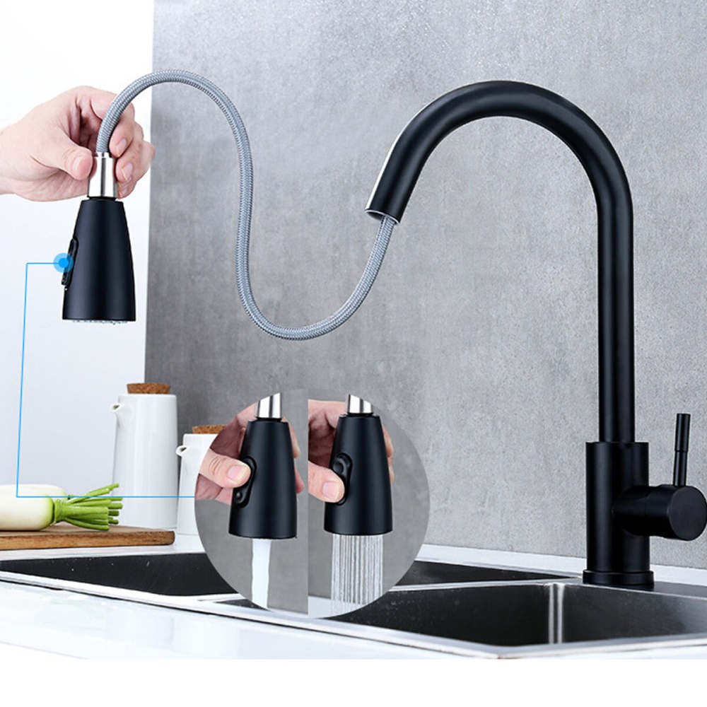 360° Swivel Pull Out Kitchen Faucet Durable Brass Stainless Steel Water Tap - Black - Image 2