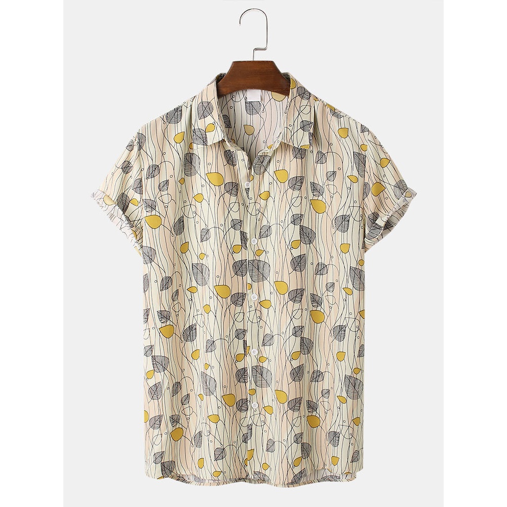 Mens Allover Leaf Print Button Up Holiday Short Sleeve Shirts - Apricot XL