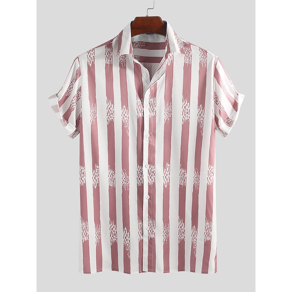 Mens Stripe Floral Printing Buttons Fly Silk Feel Short Sleeve Casual Shirts - Blue L