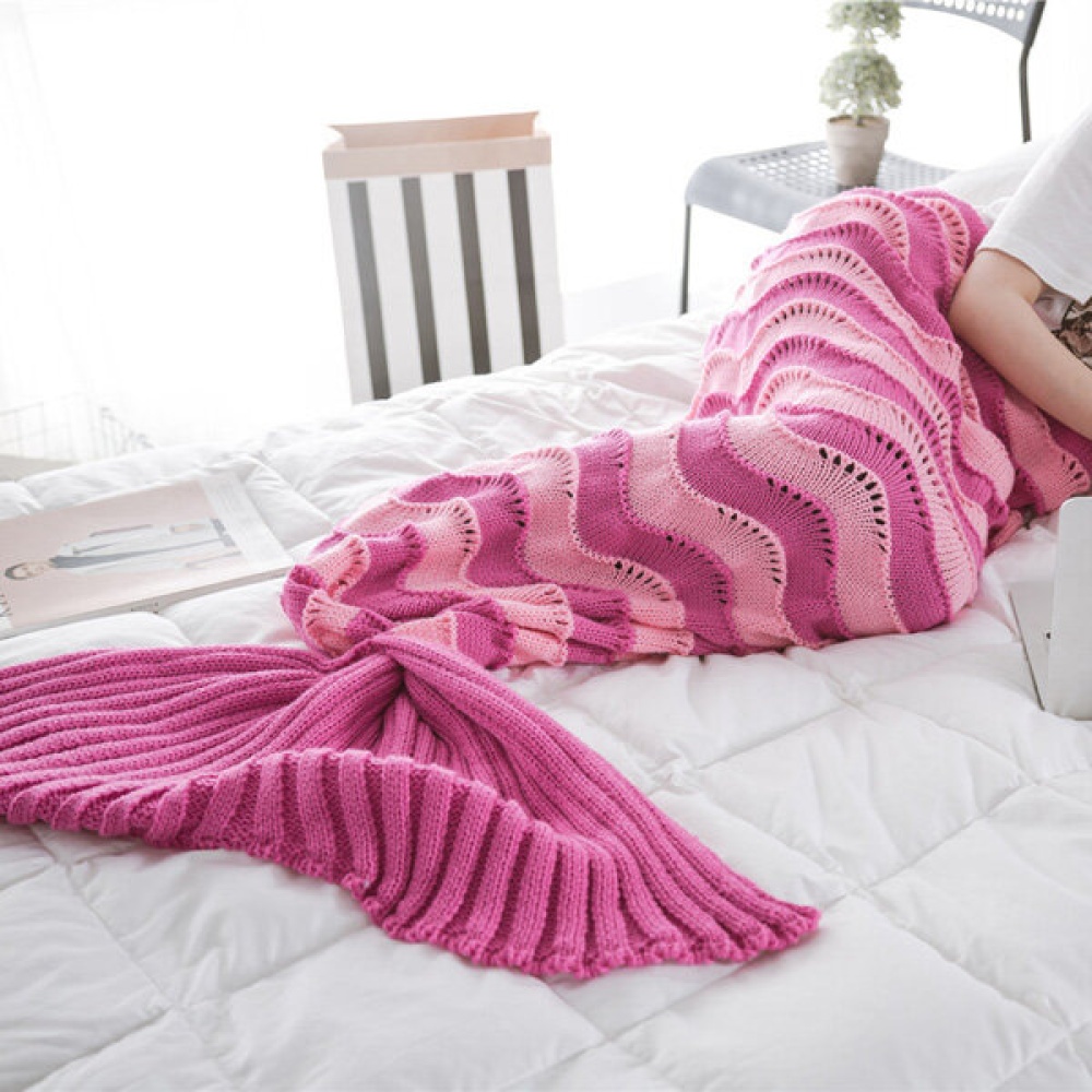 95x195CM Yarn Knitting Mermaid Tail Blanket Wave Stripe Warm Super Soft Sleep Bag Bed Mat - Melon red