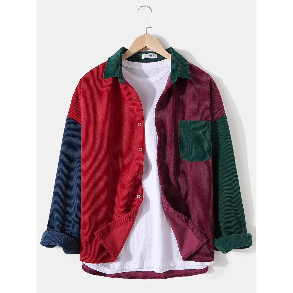 Mens Corduroy Colorblock Stitching Drop Shoulder Casual Shirts - S Claret