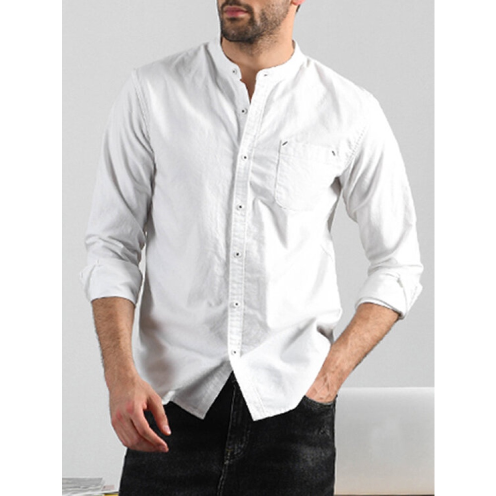 Mens Fashion Brief Long Sleeve Stand Collar Solid Color Casual Shirts - White 3XL
