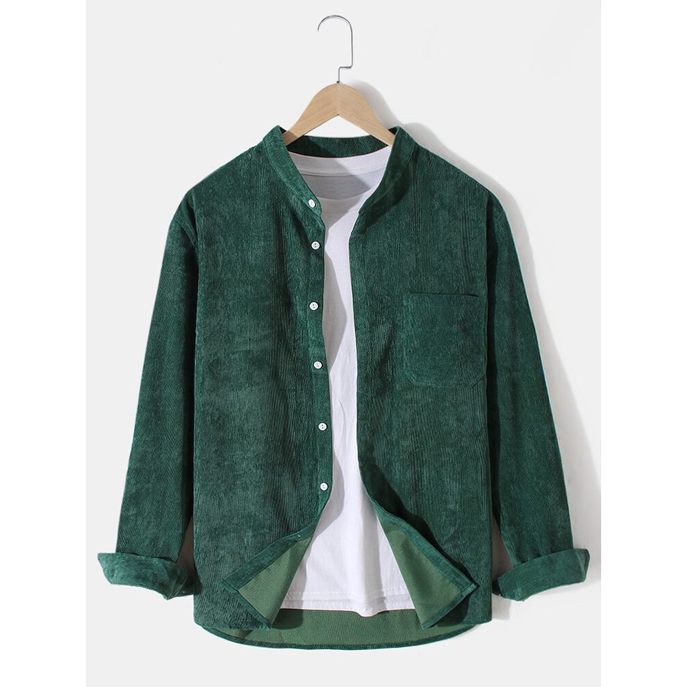 Mens Corduroy Stand Collar Solid Color Long Sleeve Shirts With Pocket - Green S