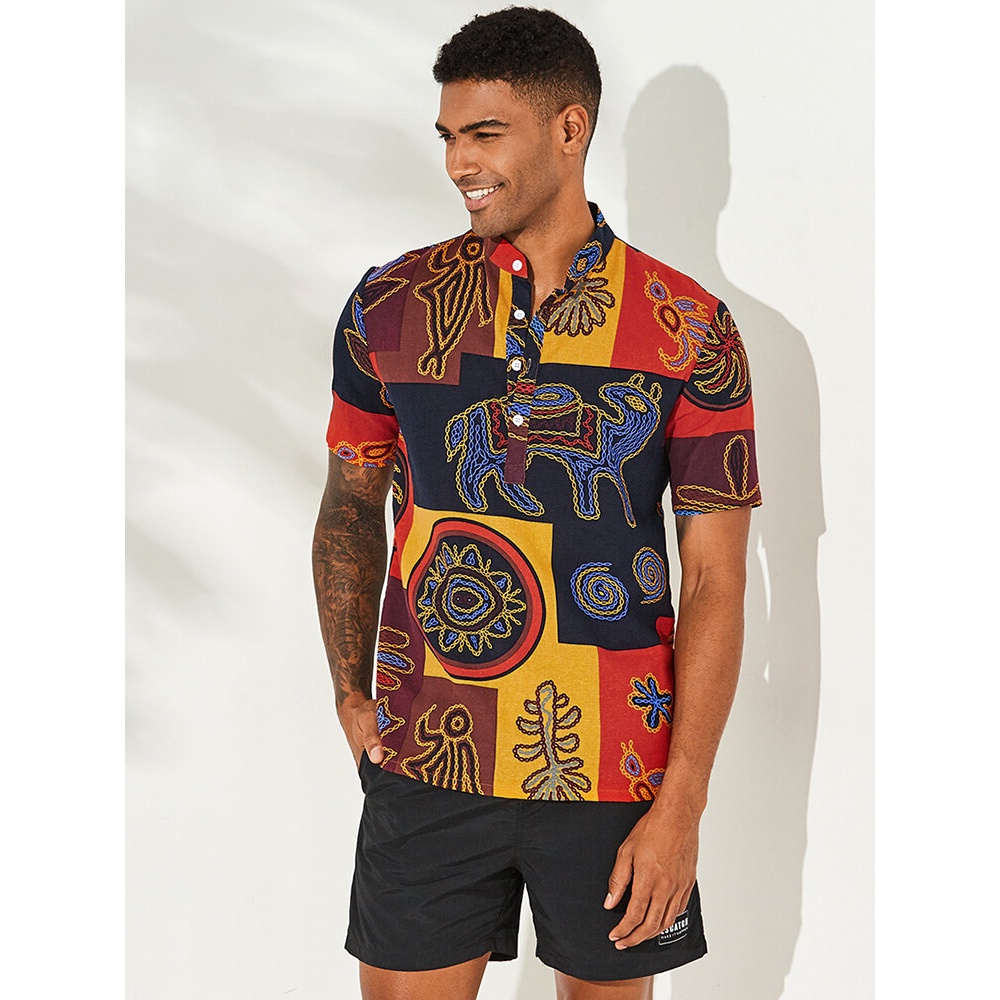 Mens Ethnic Colorful Printing 100% Cotton Shirts - 2XL Red