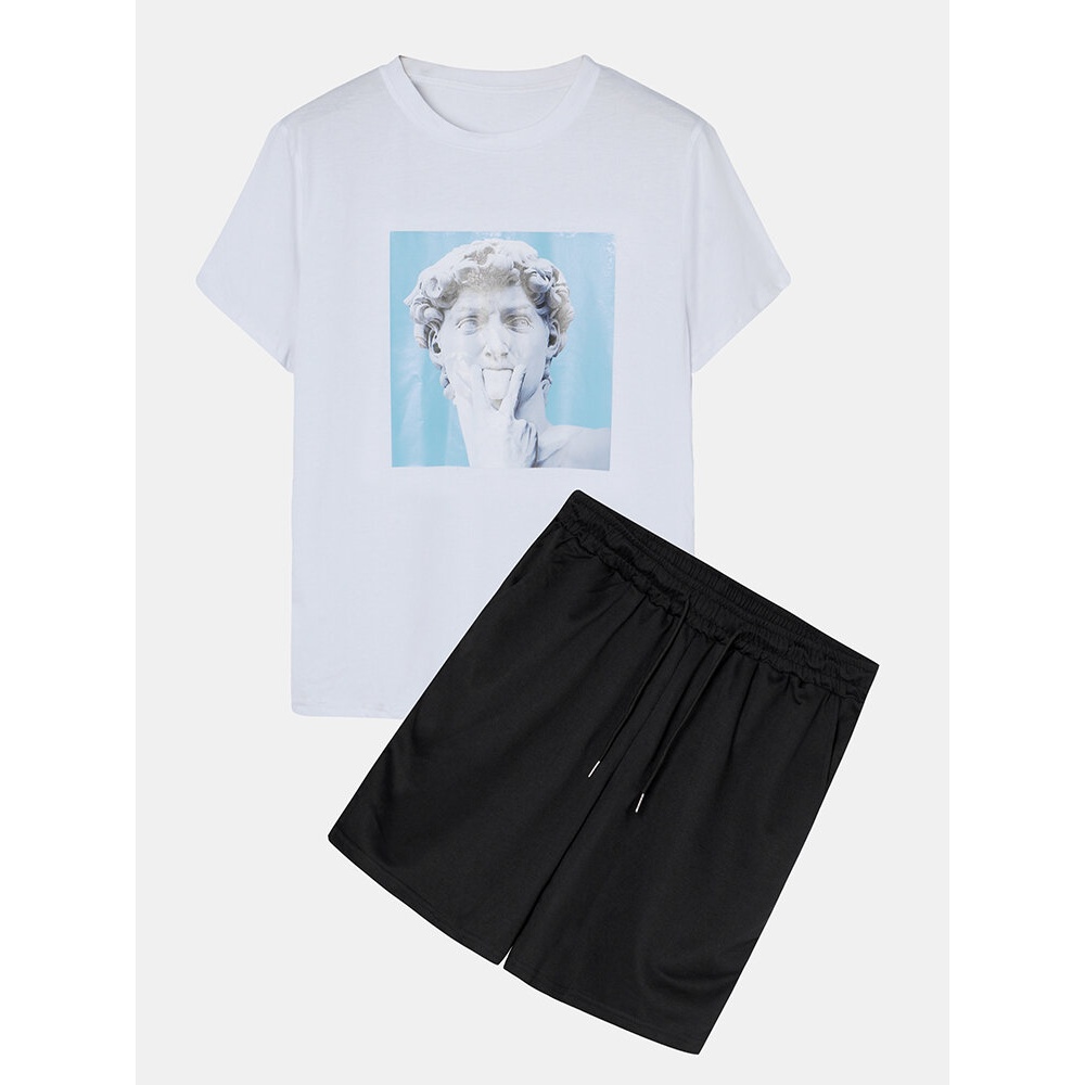 Cotton Mens Plaster Statue Print Drawstring Short Sleeve Loose Two Piece Outfits - White S