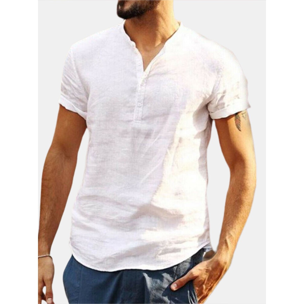 Men's Short Sleeve Collarless Neck T Shirts Beach Casual Cool Tops Blouse - S White