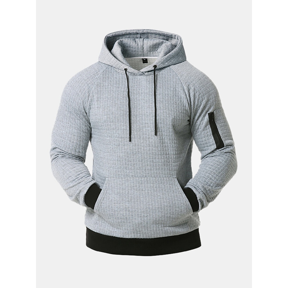 Mens Jacquard Solid Color Simple Long Sleeve Kangaroo Pocket Hoodies - Black S