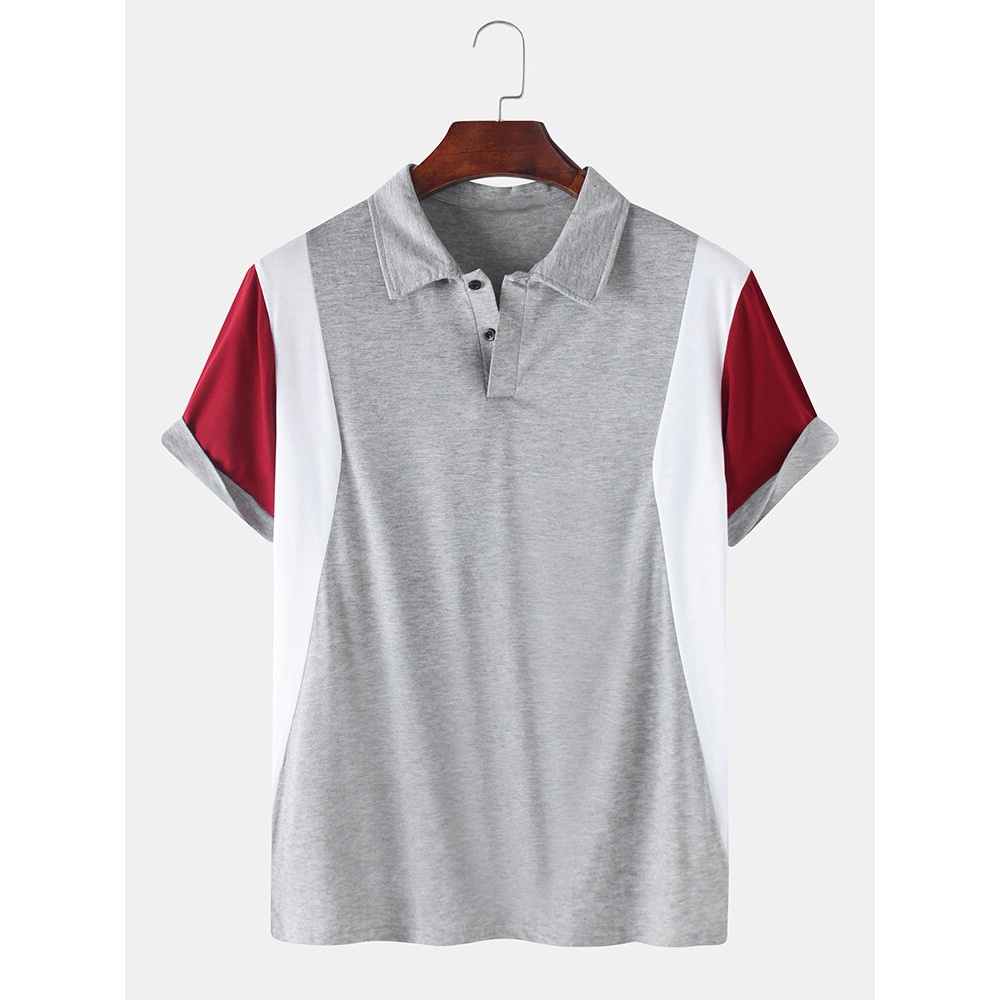 Mens Cotton Patchwork Casual Loose Lapel Collar Short Sleeve Golf Shirts - Grey 2XL