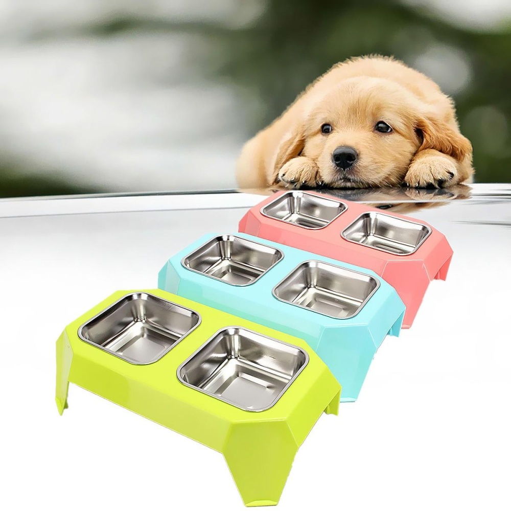 Stainless Steel Double Pet Bowl Food Water Feeder for Dog Puppy Cats Pets Supplies Feeding Dishes - Pink - Image 2