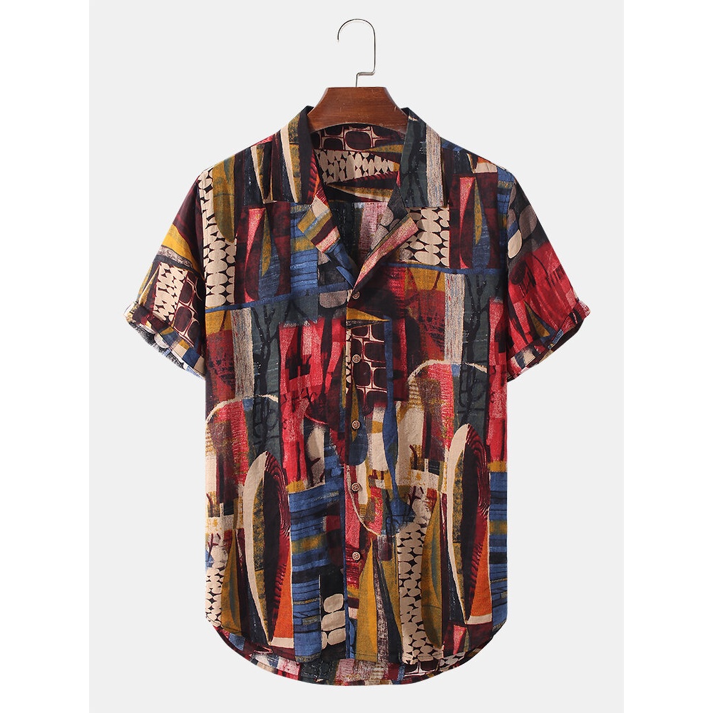 Mens Tribal Geometry Print Revere Collar Cotton Short Sleeve Shirt - Blue S