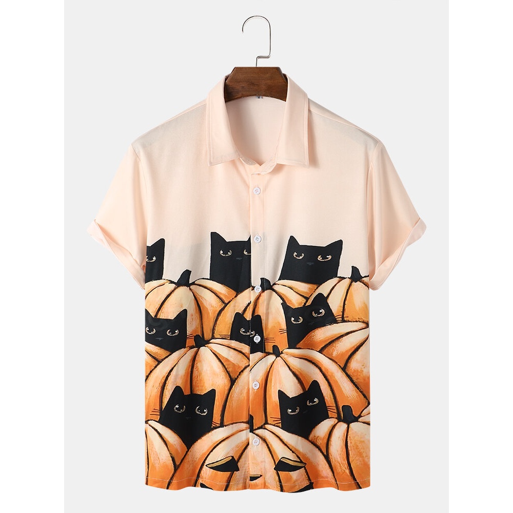 Mens  Pumkpin Cat Cartoon Casual Shirts - Yellow S