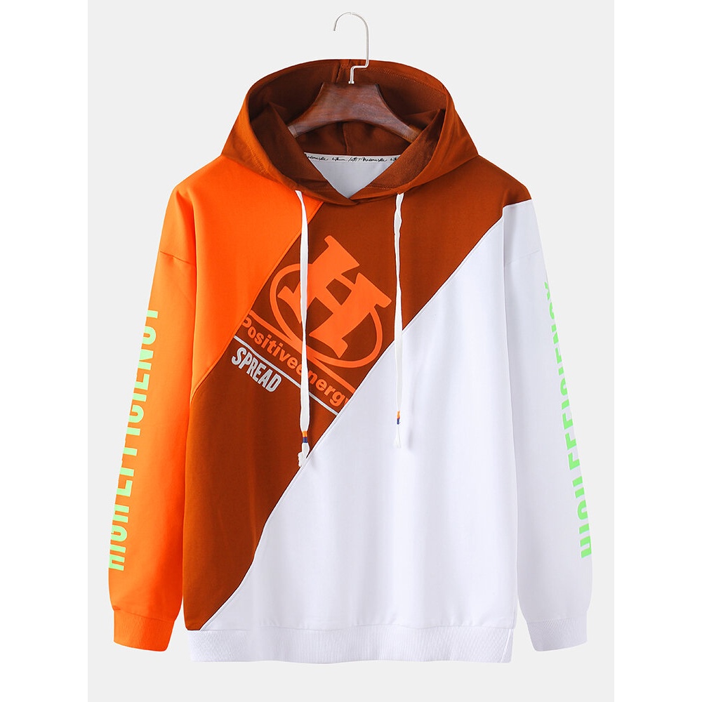 Mens Cotton Patchwork Letter Print Casual Drawstring Hoodies - Navy L