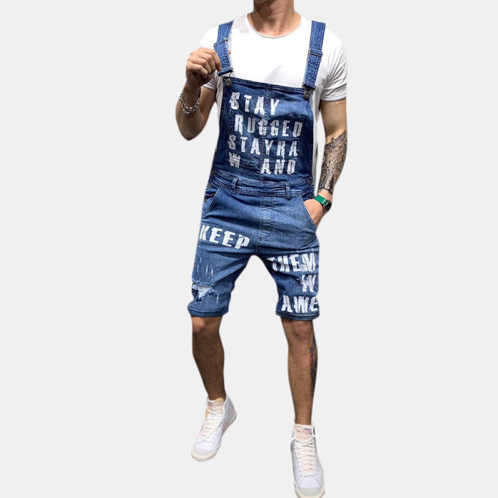 Men's Sling Romper Tearing Letters Denim Shorts - S Dark Blue - Image 2