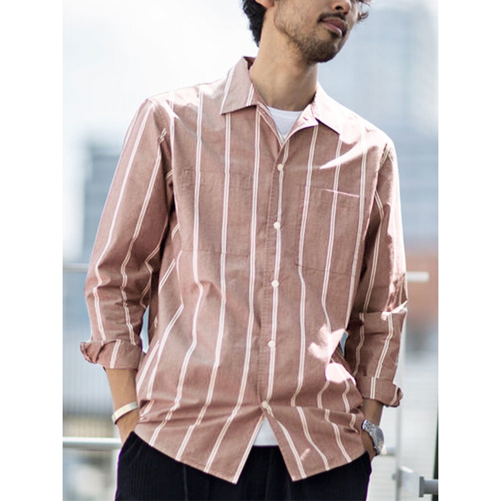 Men Vertical Stripe Dual Pockets Cotton Loose Shirts - M Pink